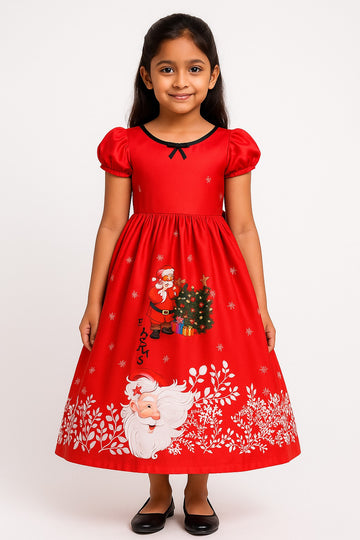 Girls' Red Christmas Party Dress – Santa & Christmas Tree Printed Gown