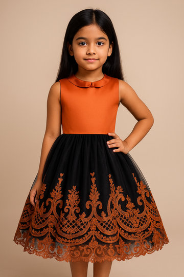 Stylish Orange and Black Party Dress for Girls with Embroidered Tulle Skirt and Bow Back