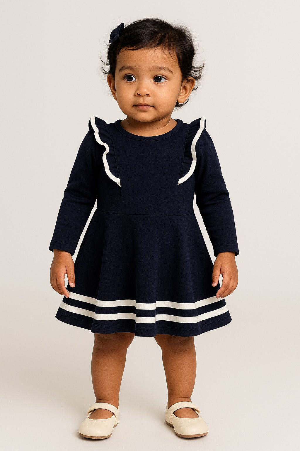 Navy Blue Cotton Long Sleeve Dress for Girls with White Stripe Detail and Ruffle Accents - Inayah Fashion
