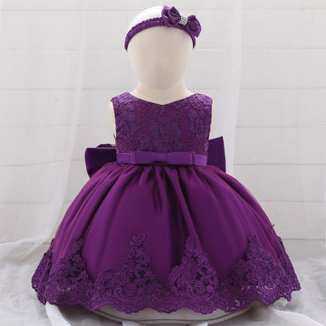 Royal Purple Baby Girl Party Dress with Lace Embroidery – Sleeveless Satin Frock with Back Bow & Matching Headband - Inayah Fashion
