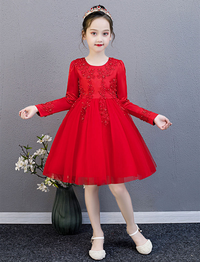Elegant Red Princess Dress for Girls with Full Sleeves & Floral Embroidery – Party Wear