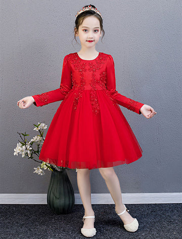 Elegant Red Princess Dress for Girls with Full Sleeves & Floral Embroidery – Party Wear