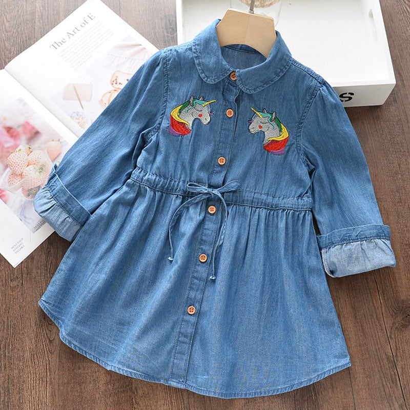 Girls Blue Denim Shirt Dress with Unicorn Embroidery – Casual Wear