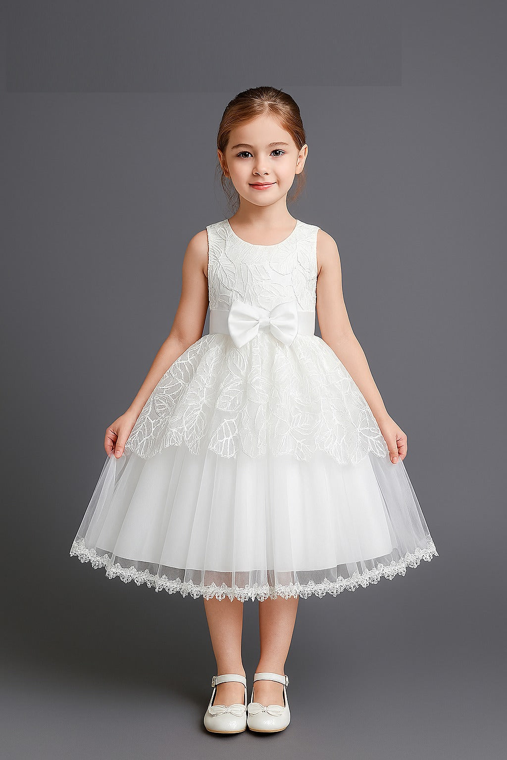 Elegant White Floral Lace Party Gown for Girls with Layered Net Skirt Big Satin Bow and Leaf Design