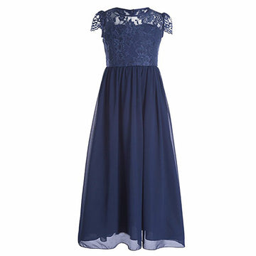 Girls Navy Blue Long Gown with Elegant Lace Bodice and Cap Sleeves