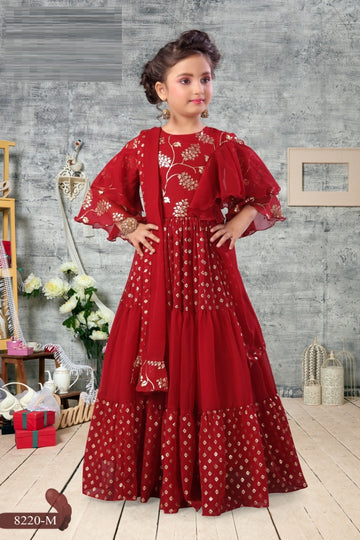 Premium Maroon Foil Print Layered Party Gown with Dupatta
