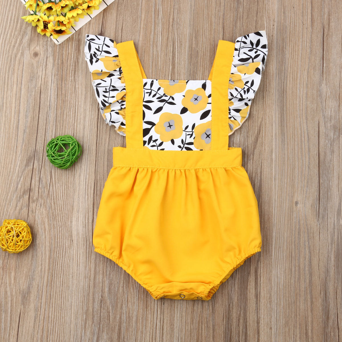 Baby Girls Yellow Floral Suspender Romper – Summer Cotton Outfit