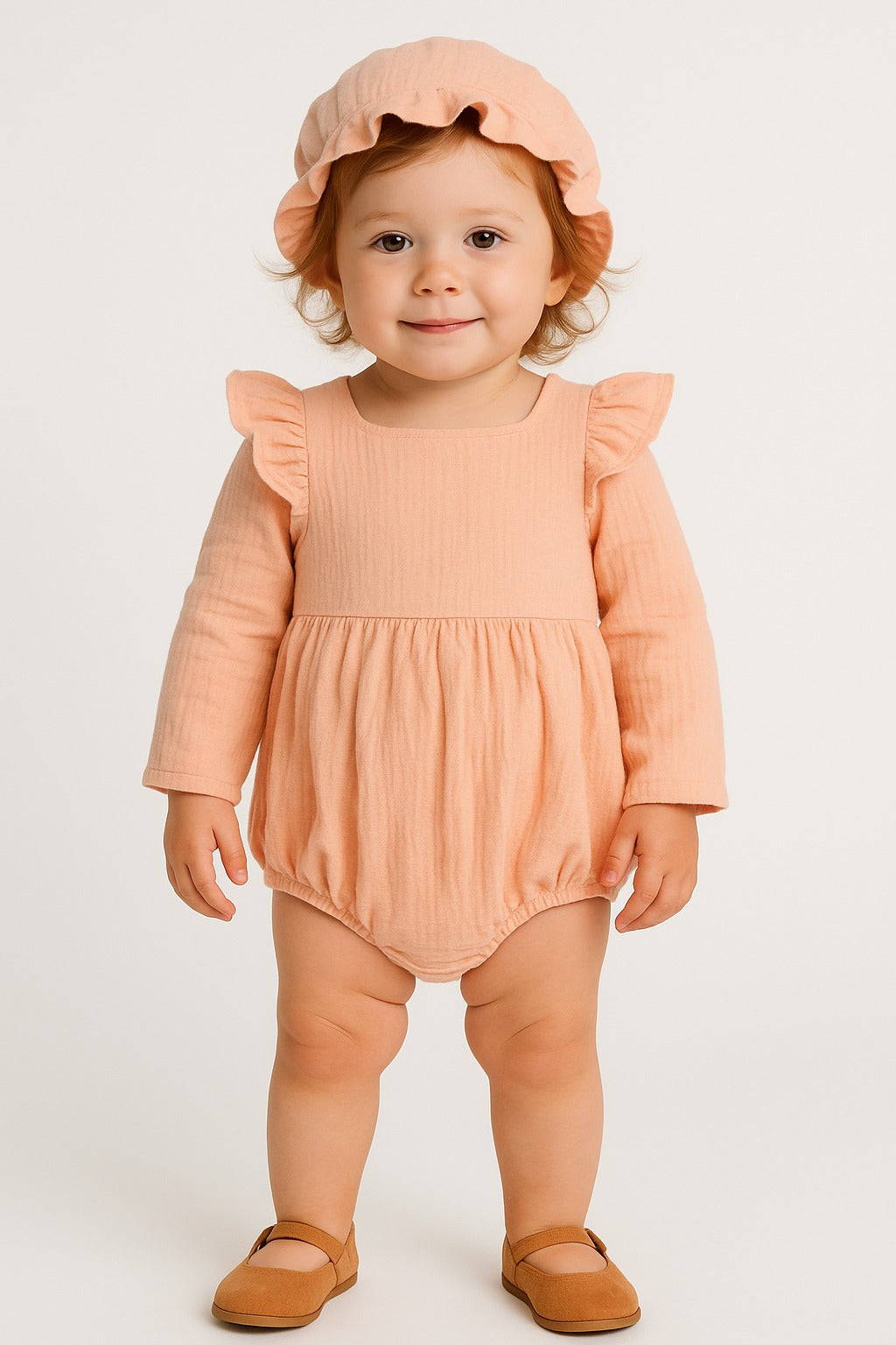 Peach Long Sleeve Romper with Ruffle Hat for Baby Girls - Inayah Fashion