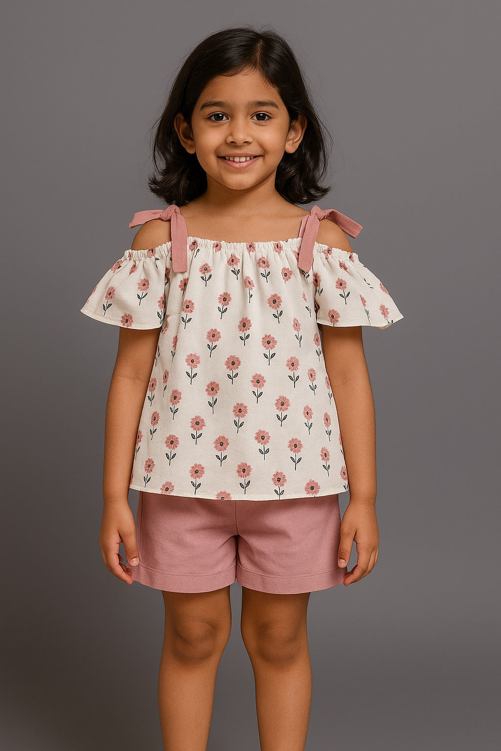 pink-floral-off-shoulder-top-with-shorts-for-baby-girls - Inayah Fashion