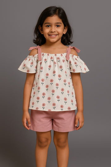 pink-floral-off-shoulder-top-with-shorts-for-baby-girls - Inayah Fashion