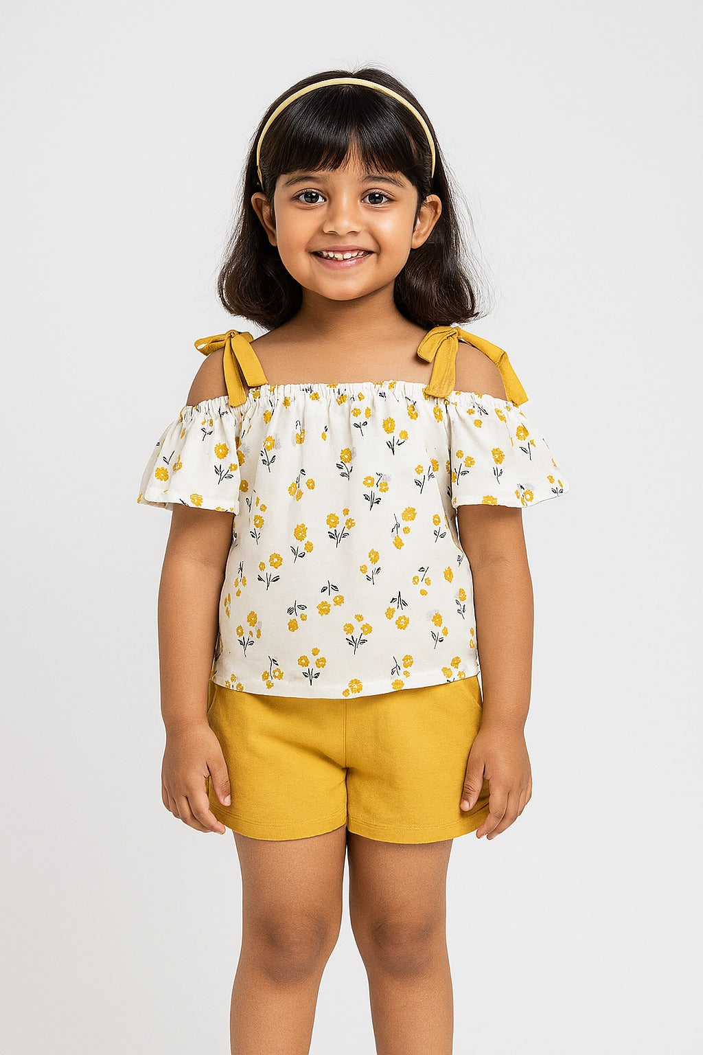 Yellow Floral Off-Shoulder Top with Shorts for Baby Girls