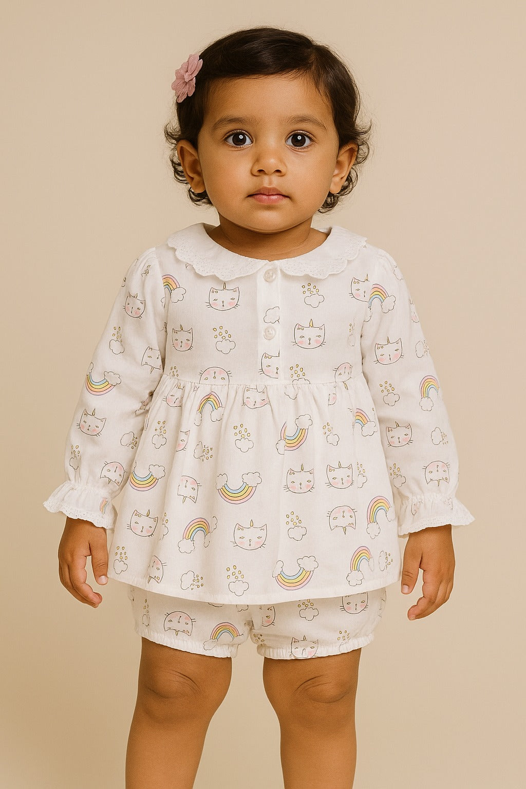Rainbow and Kitty Printed White Cotton Nightwear Set for Baby Girls - Inayah Fashion