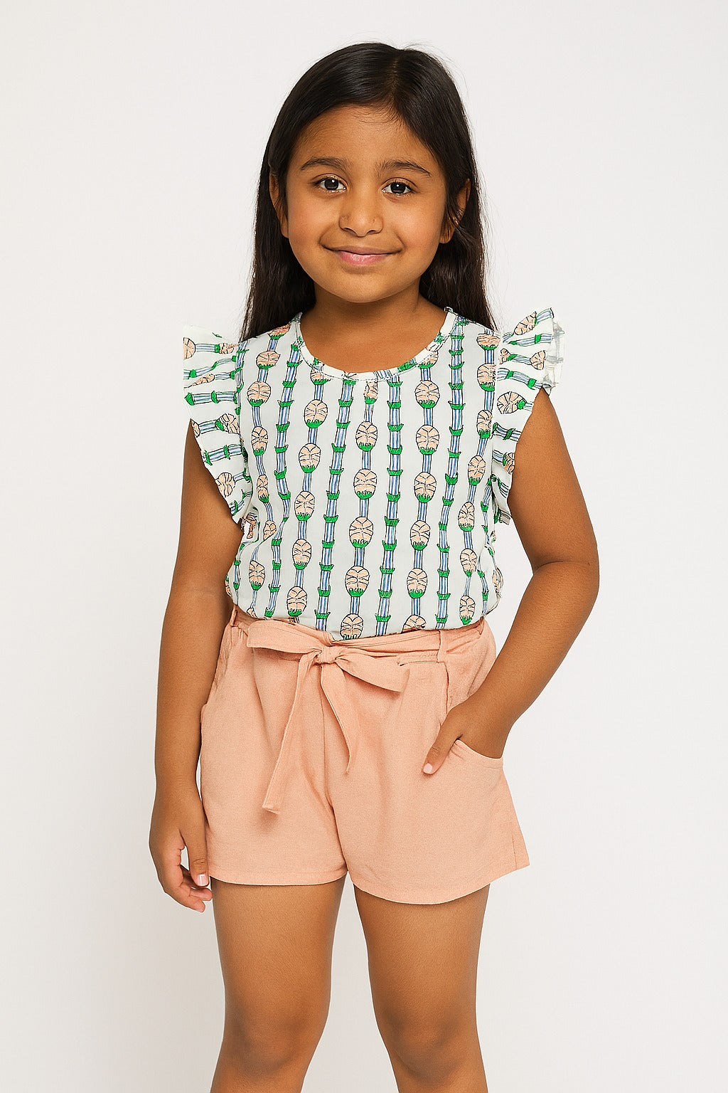 Trendy Printed Top and Peach Shorts Set for Girls
