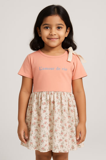 Cold Shoulder Peach Top with Floral Skirt Set for Girls