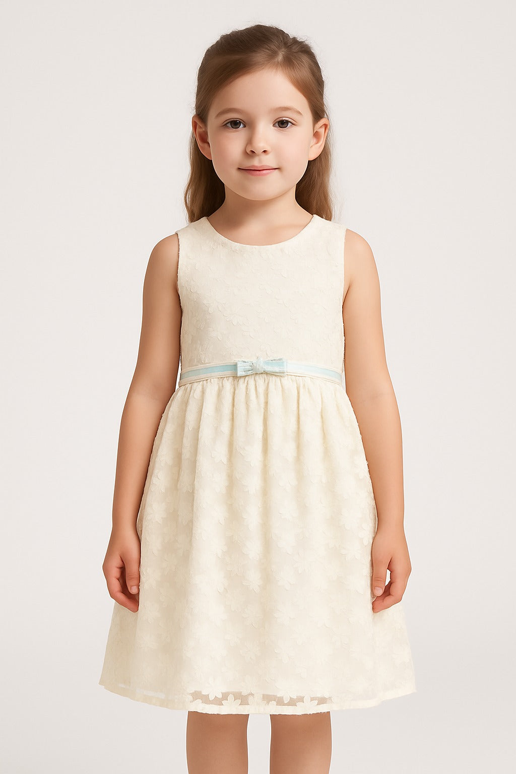 Elegant Cream Sleeveless Lace Dress for Girls with Floral Net Design and Pastel Belt