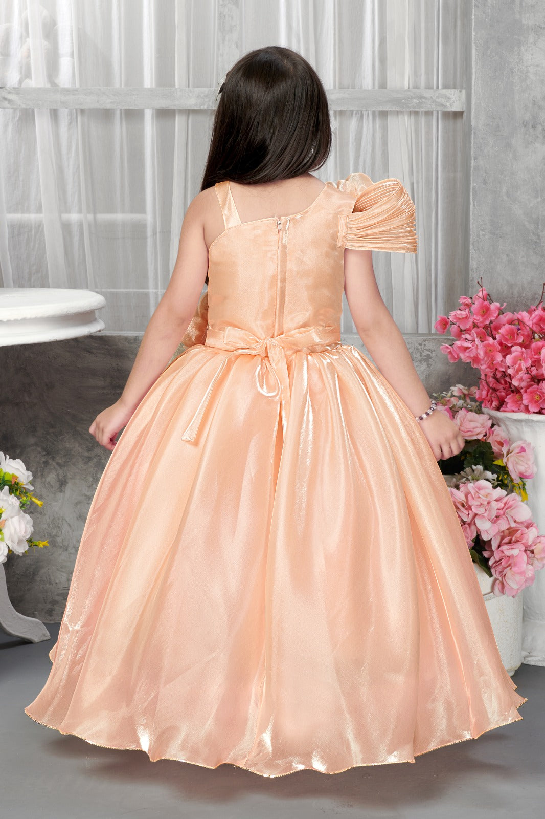 Elegant Peach One-Shoulder Floral Ball Gown Dress for Girls – Premium Satin Partywear for Birthdays & Special Occasions