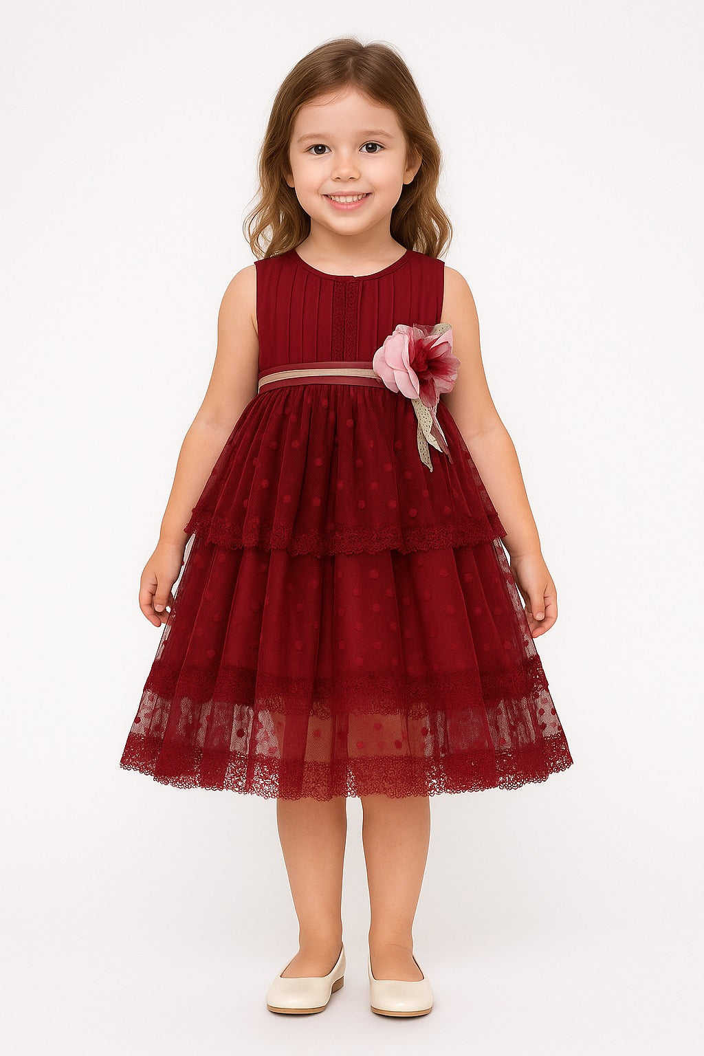 Elegant Maroon Sleeveless Party Dress for Girls | Tiered Polka Dot Net Frock with Floral Waist