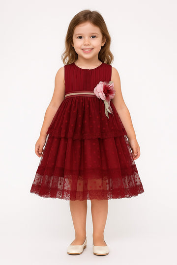 Elegant Maroon Sleeveless Party Dress for Girls | Tiered Polka Dot Net Frock with Floral Waist