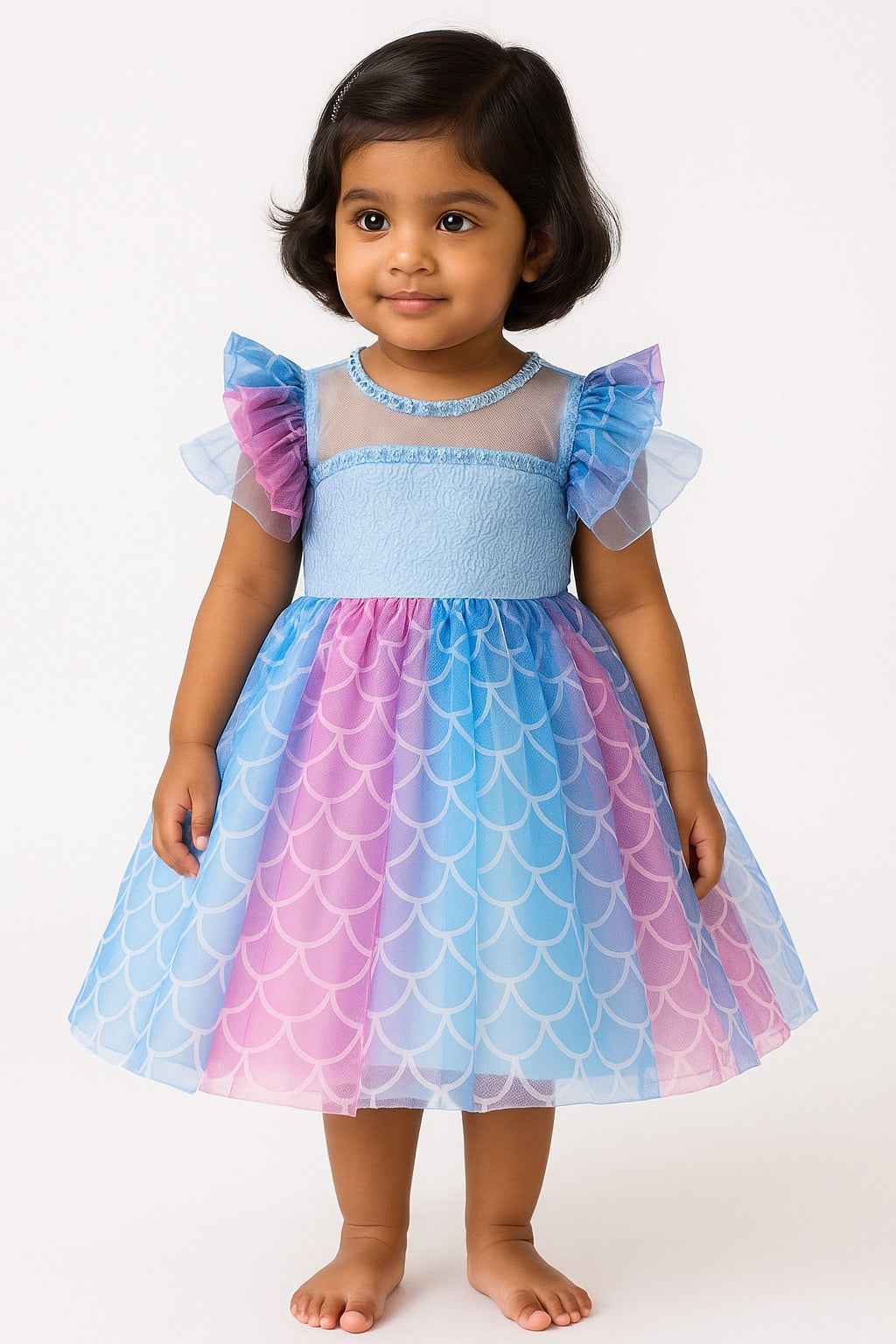 Pastel Blue & Pink Ombre Party Frock for Baby Girls with Ruffle Sleeves and Scallop Mesh Skirt - Inayah Fashion