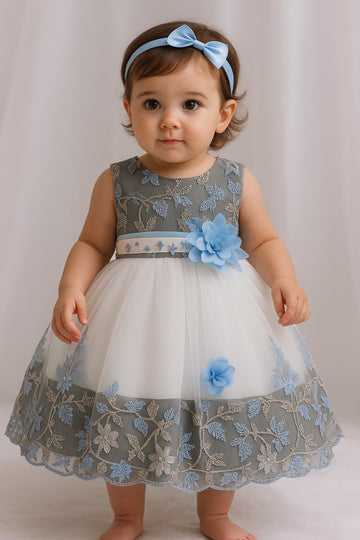 Frosted Bloom Party Dress – White & Blue Elegance