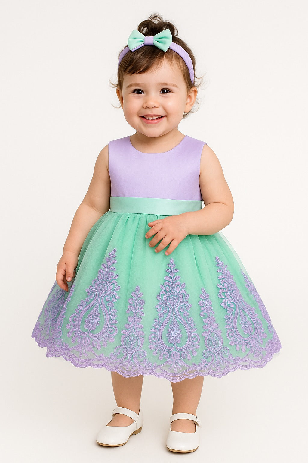 Mint Green & Lilac Princess Baby Frock with Bow & Headband - Inayah Fashion