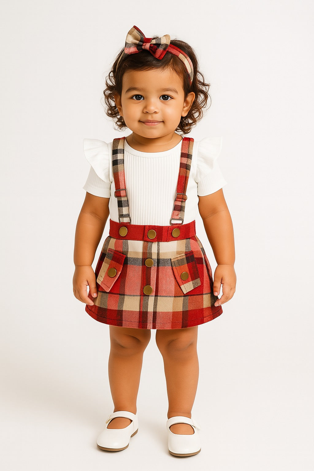 Girls autumn high collar pit strip top plaid skirt children's two-piece set