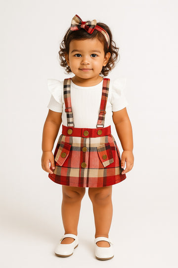 Girls autumn high collar pit strip top plaid skirt children's two-piece set