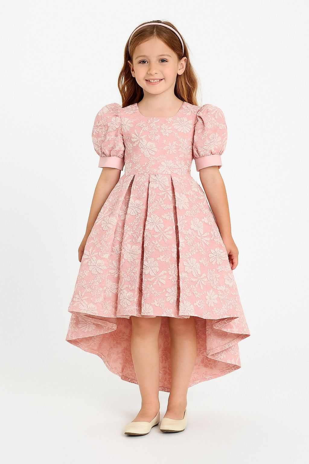 Elegant Pink Floral High-Low Party Dress for Girls – Puff Sleeve Designer Gown