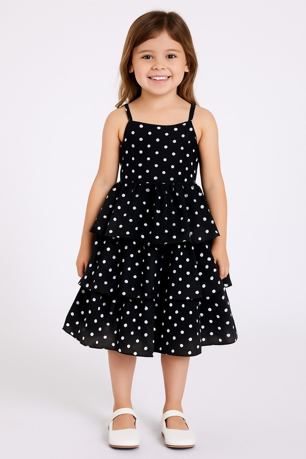 Black Polka Dot Layered Sleeveless Dress for Girls – Summer Casual Frock