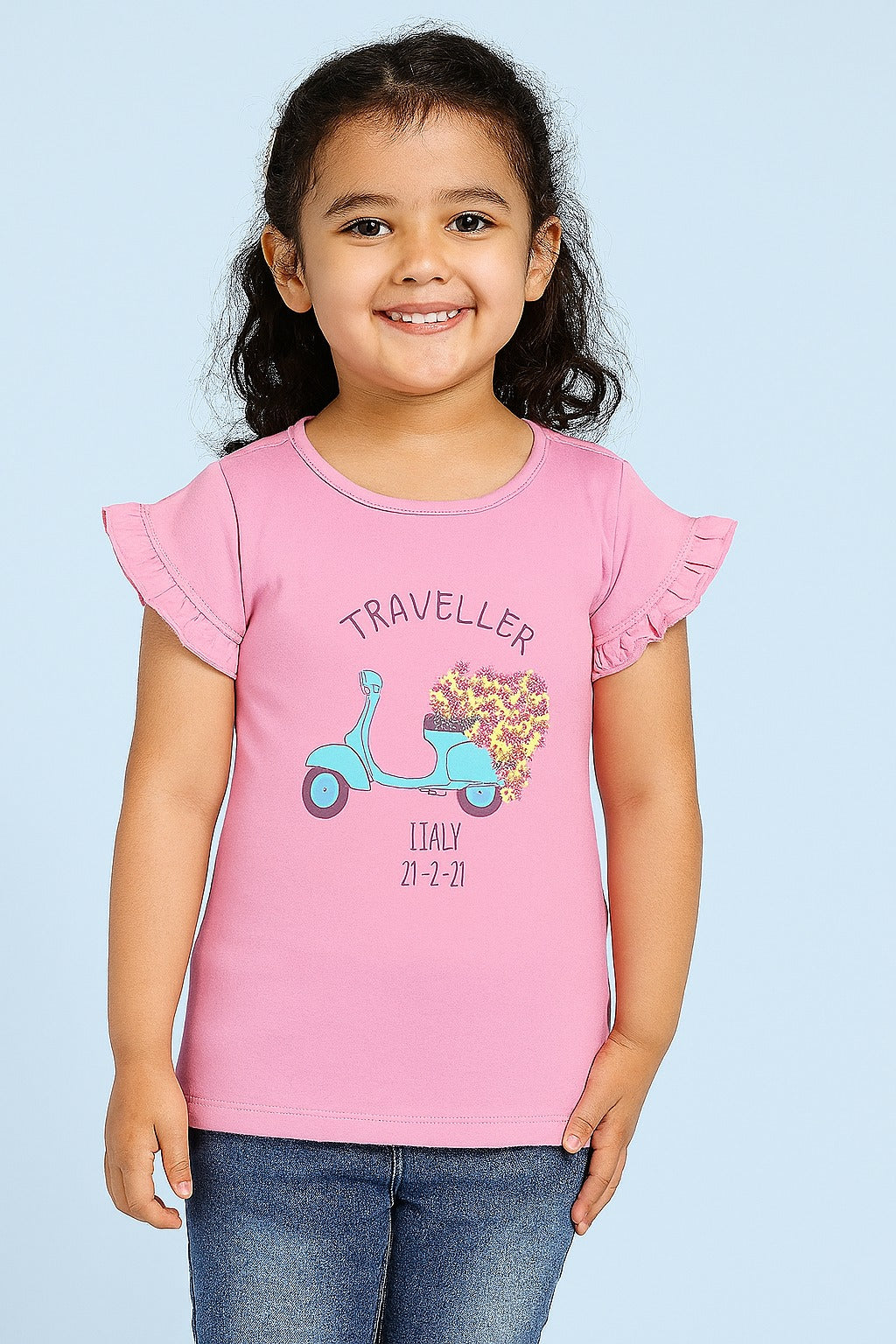 Pink Girls T-Shirt – Traveller  Blue Scooter with Floral Heart