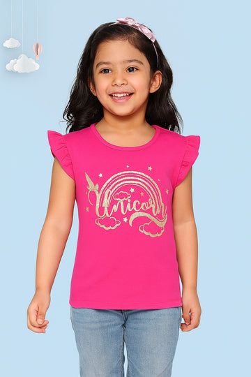 Hot Pink Girls  T-Shirt – Gold Foil Unicorn  Rainbow Design - Inayah Fashion