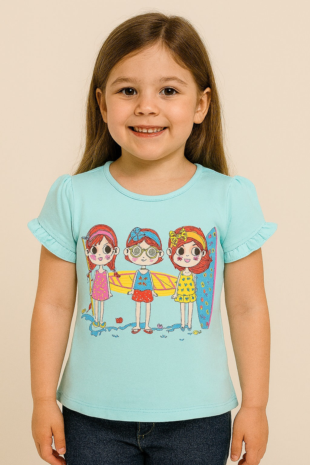 Aqua Blue Ruffle Sleeve Girls T-Shirt – Beach Girl Print