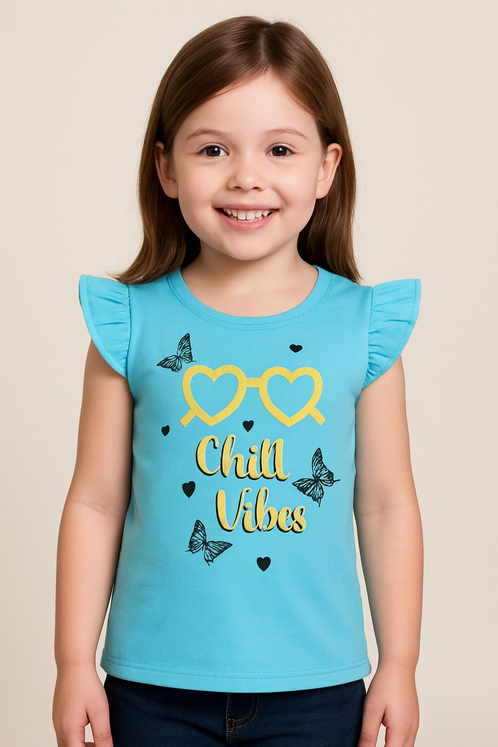 Sky Blue Girls' T-Shirt with "Chill Vibes" Print – Summer Casual Wear