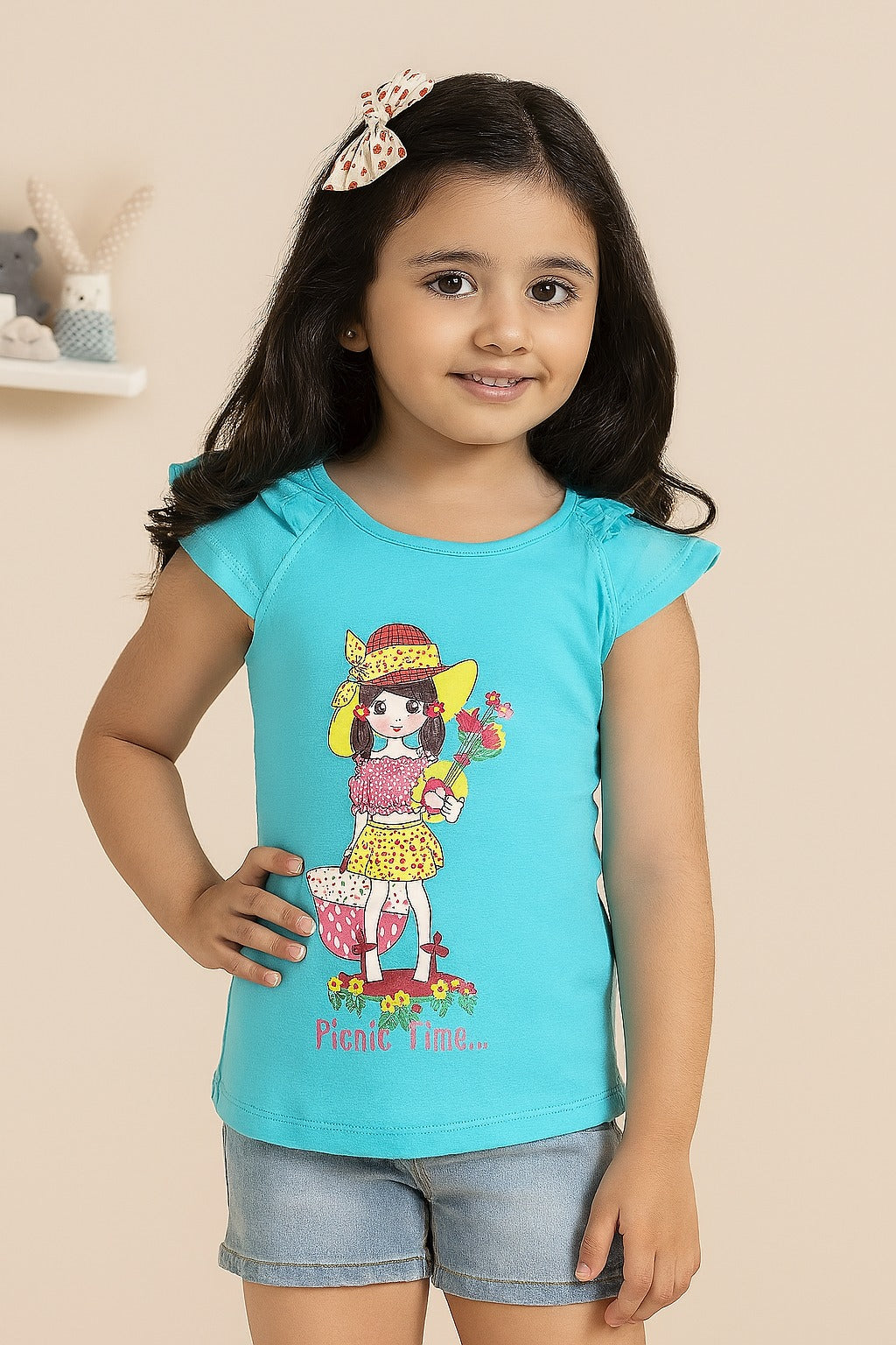 Girls Blue "Picnic Time" Cartoon Print Sleeveless Top – Cute Cotton Summer Wear