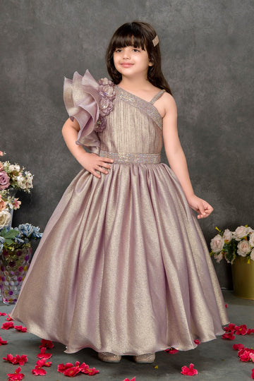 Premium Lilac One-Shoulder Shimmer Gown for Girls with Dramatic Ruffle Sleeve & 3D Floral