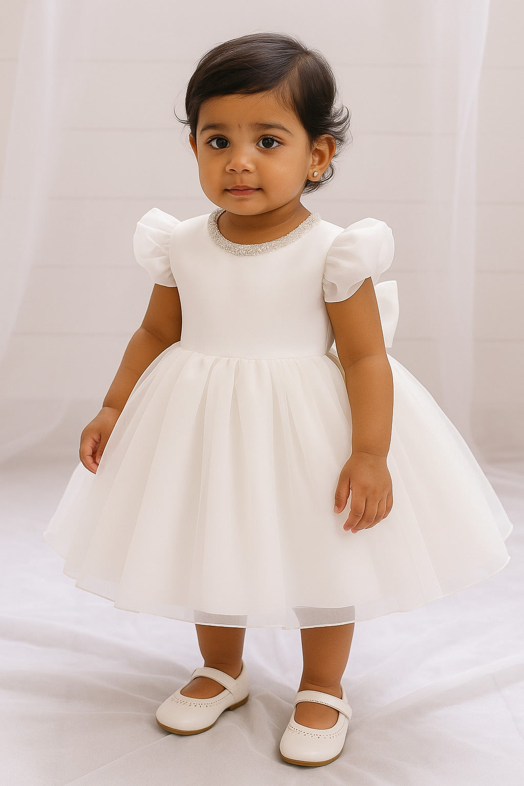 Elegant White Baby Gown with Pearl Neckline