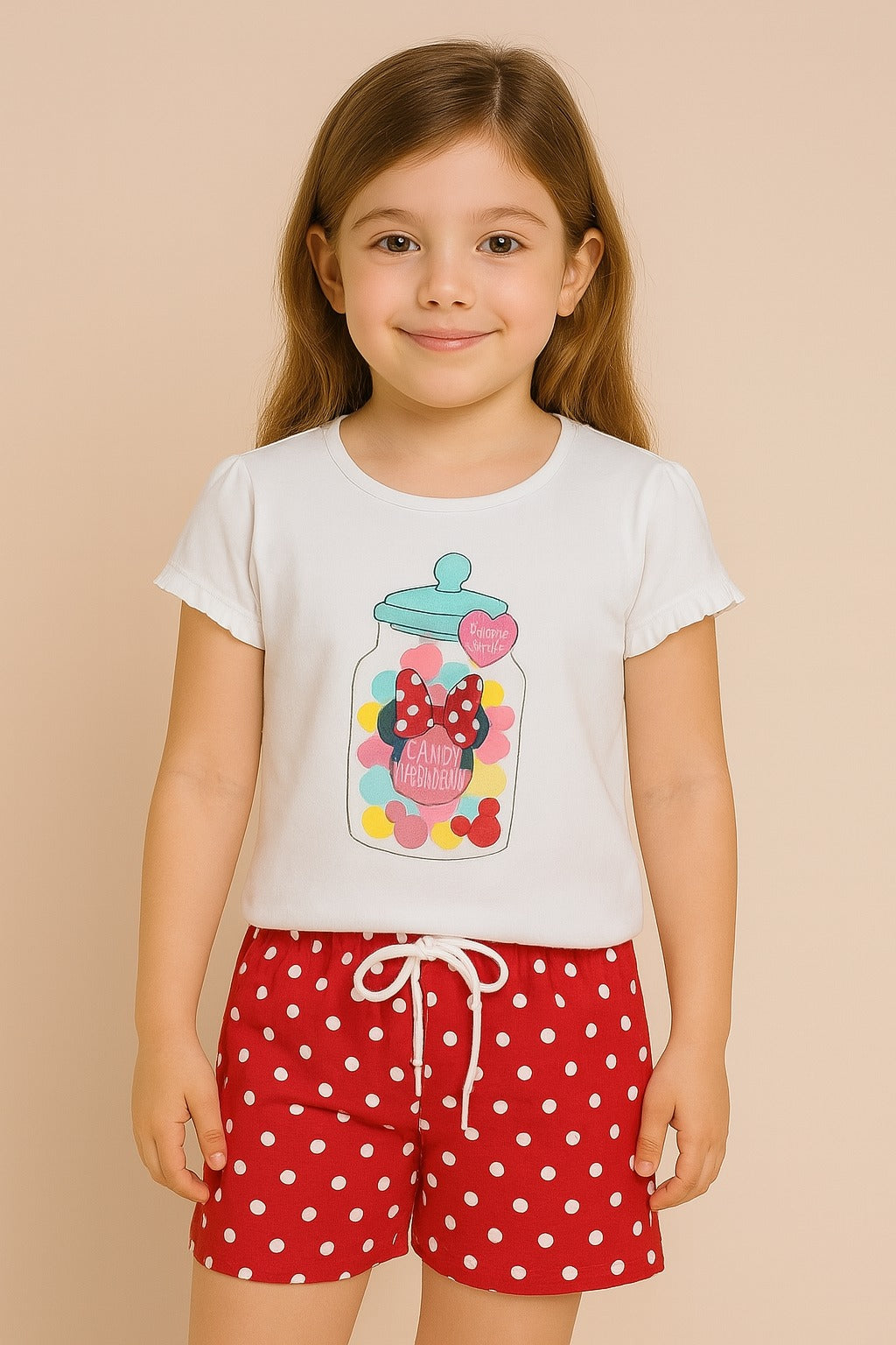 Girls White Minnie Mouse Candy Jar T-Shirt with Red Polka Dot Shorts – Disney Licensed Summer Set
