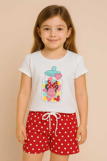 Girls White Minnie Mouse Candy Jar T-Shirt with Red Polka Dot Shorts – Disney Licensed Summer Set