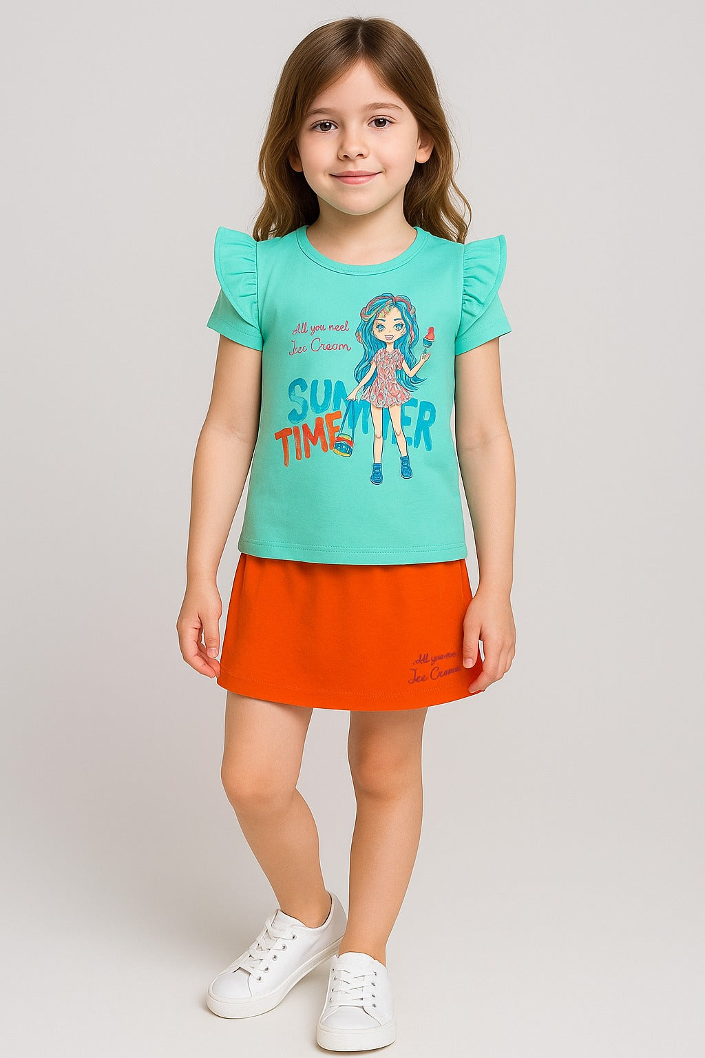 Girls Mint Green & Orange Summer Skirt Set with Ice Cream Print – Casual Wear