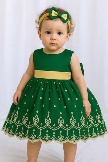Green and Cream Baby Girl Party Frock with Bow & Embroidery – Premium Baby Wear