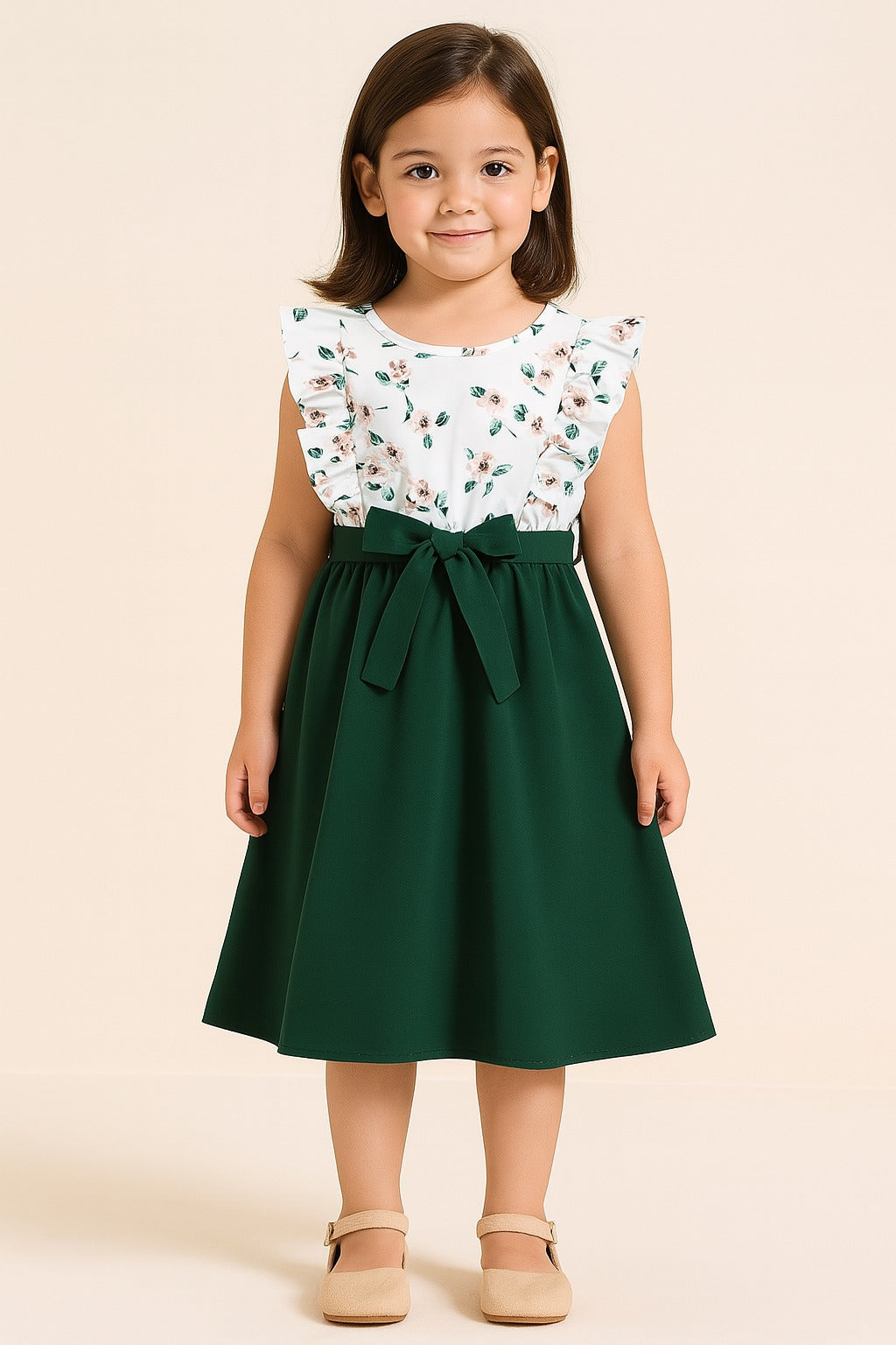FElegant Green & White Floral Print Girls Dress – Sleeveless Ruffle Shoulder A-Line Frock