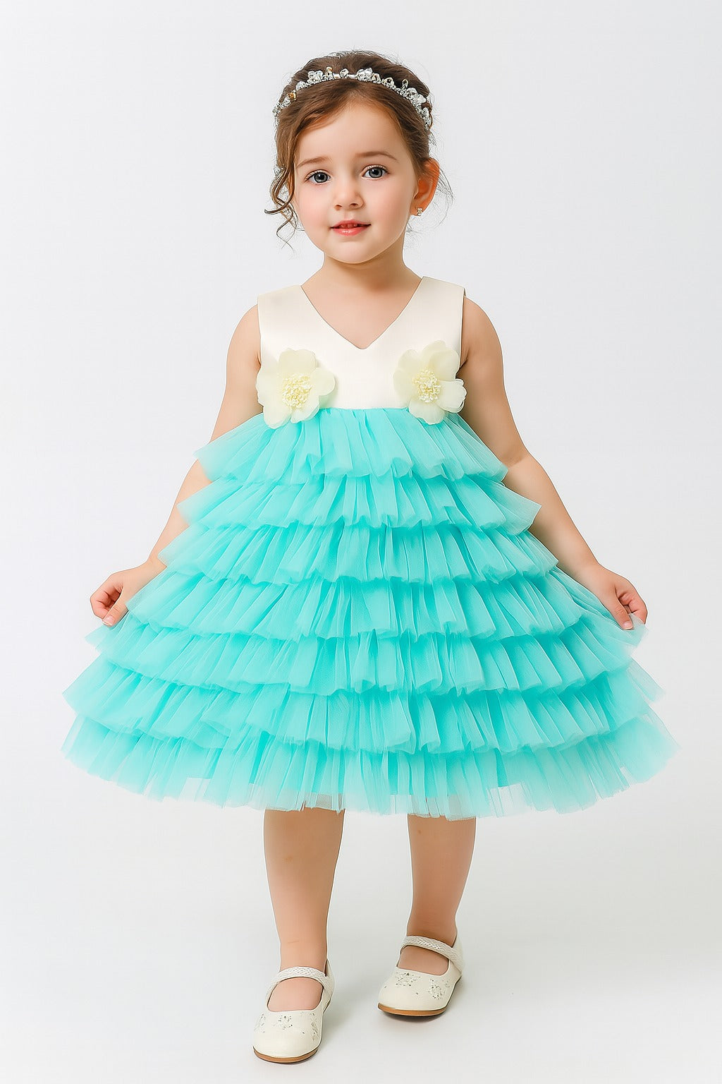 Mint Green Sleeveless Baby Girl Party Dress with Ruffle Tulle Layers - Inayah Fashion