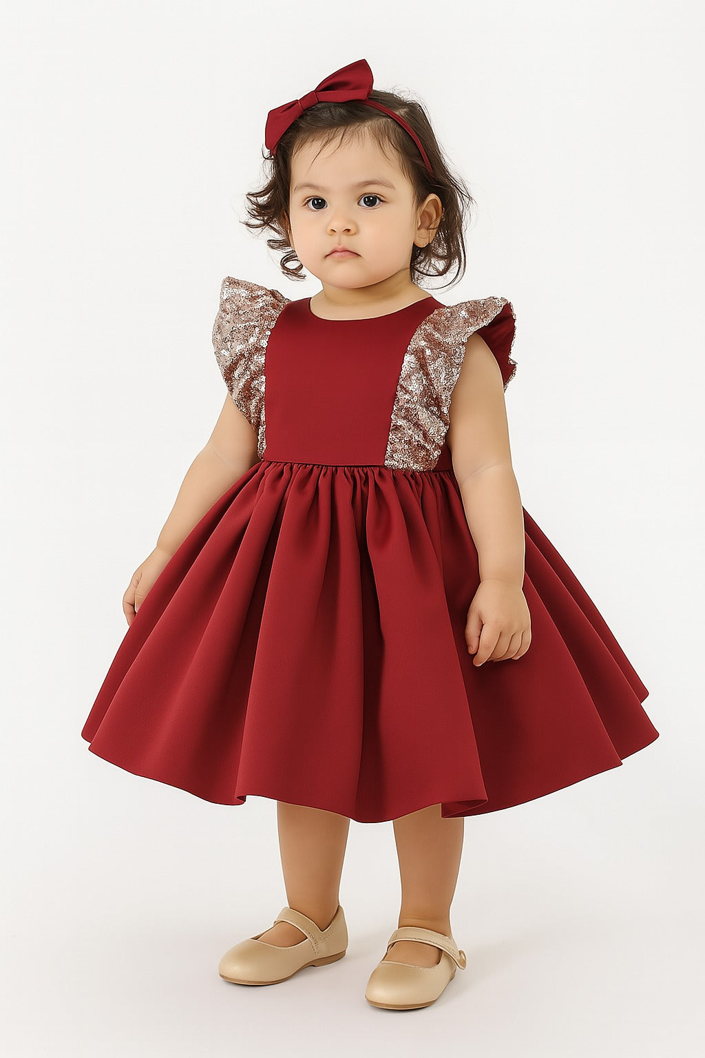 Maroon Baby Girl Party Dress with Sequin Sleeves & Big Back Bow - Inayah Fashion
