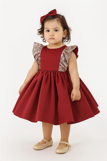 Maroon Baby Girl Party Dress with Sequin Sleeves & Big Back Bow - Inayah Fashion