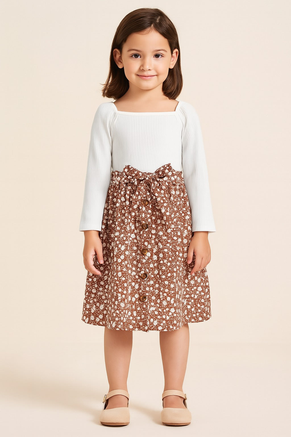 Chic Autumn Blossom – Floral Button-Down Dress with White Ribbed Top