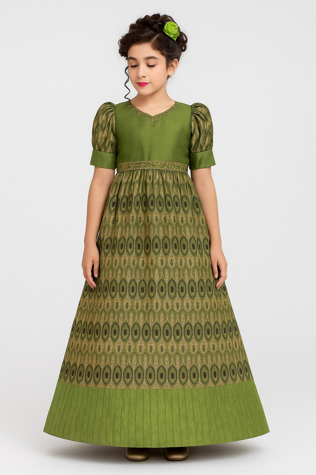 Royal Green Brocade Gown for Girls with Puff Sleeves, Zari Embroidery Gown