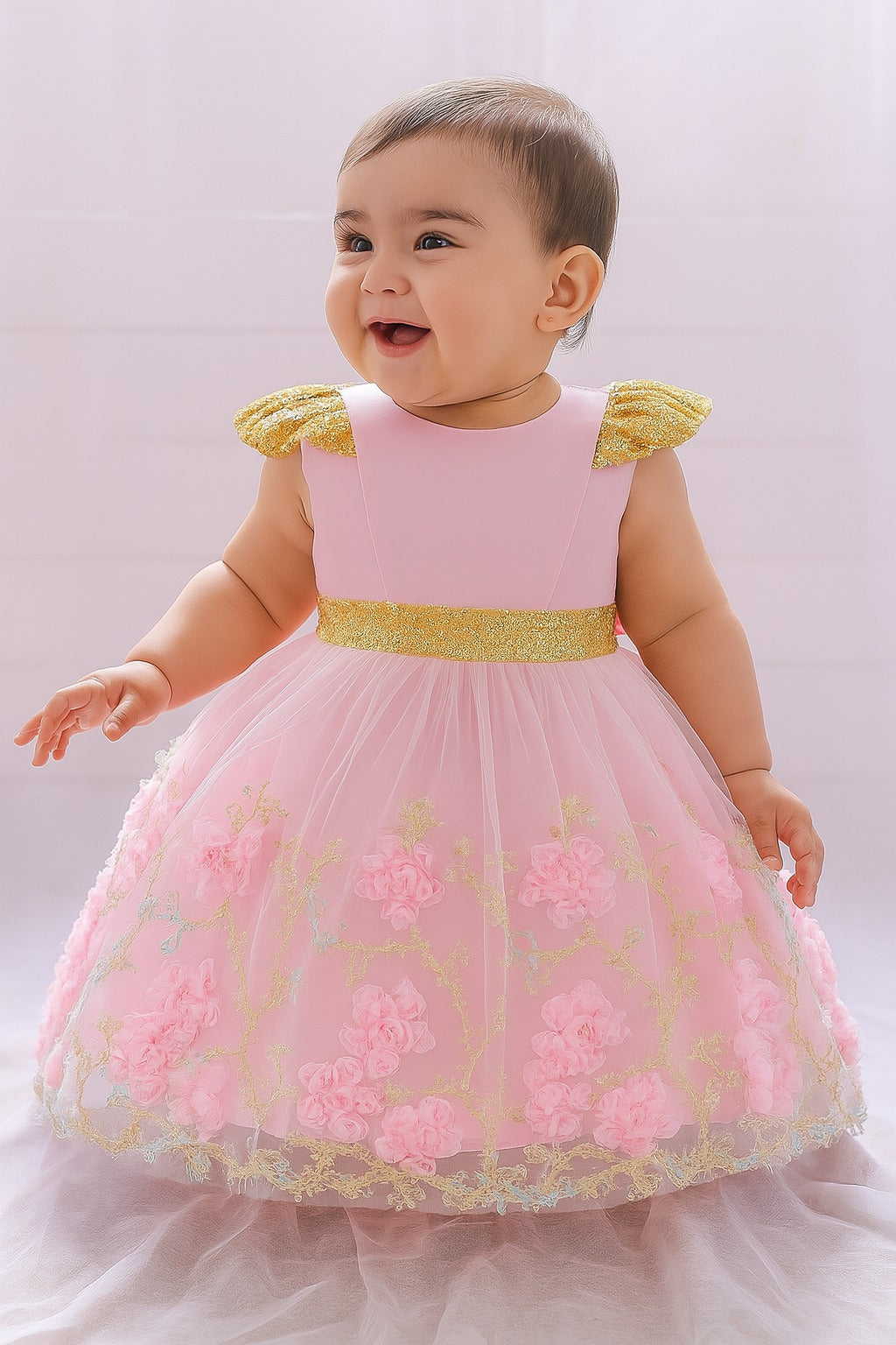 Elegant Pink & Gold Floral Embroidered Baby Frock with 3D Flowers