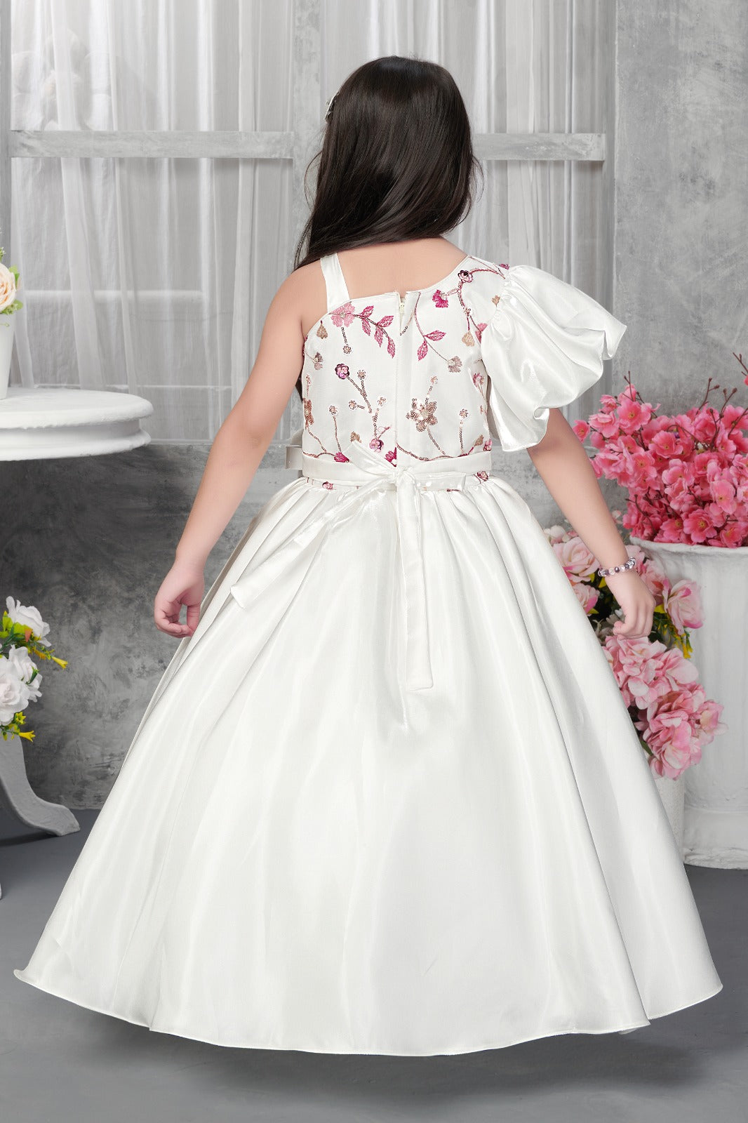Elegant White One-Shoulder Gown for Girls | Floral Embroidered Bodice with Puffy Sleeve & Satin Flared Skirt