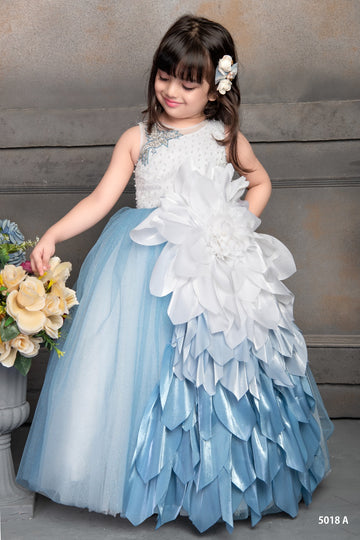 Ice Blue & White Layered Petal Gown for Girls – Sleeveless Pearl Bodice with Giant Floral Accent