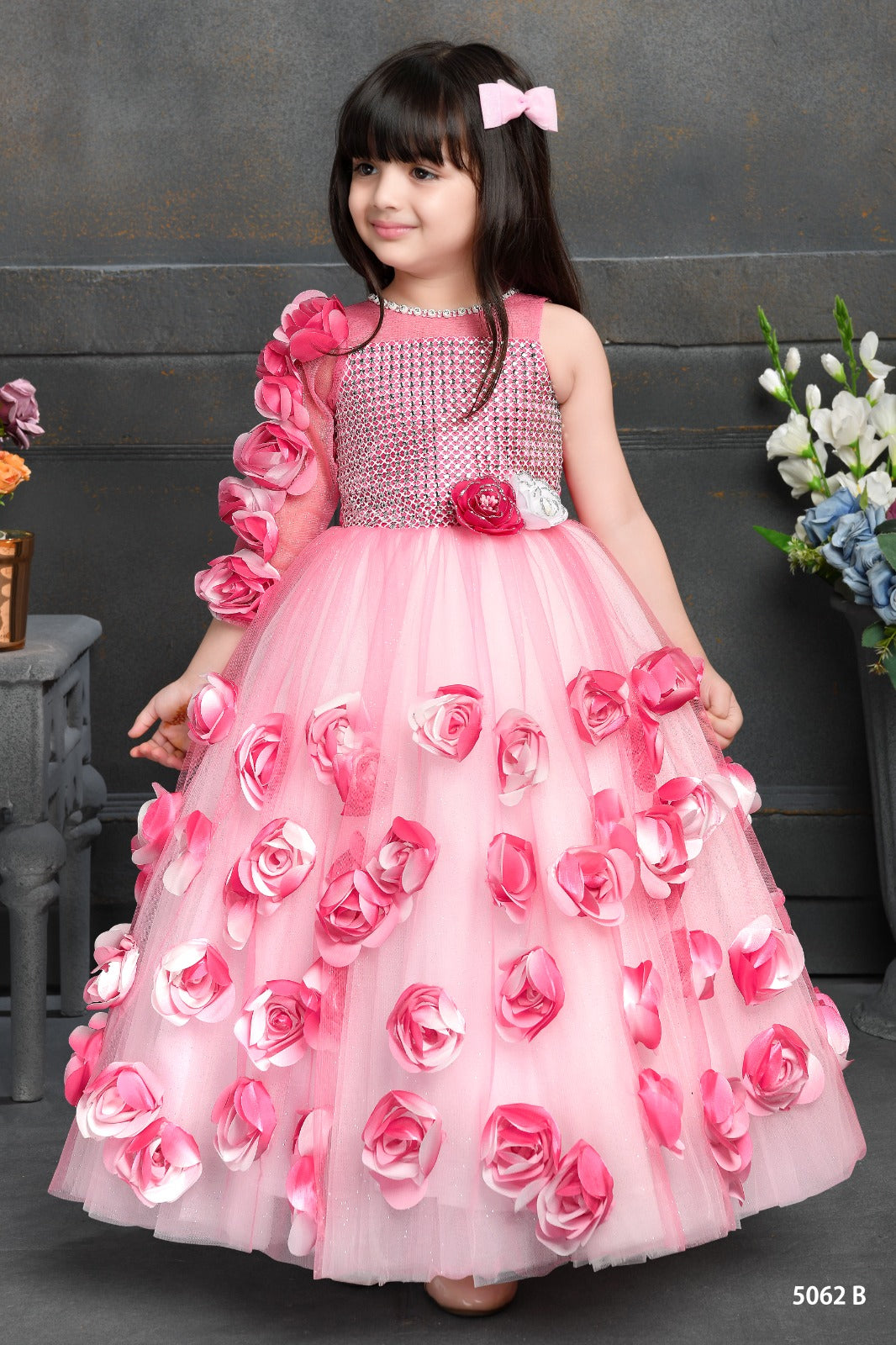 Blossom Bloom Pink Floral Gown – 3D Rose Appliqué Kids Party Dress